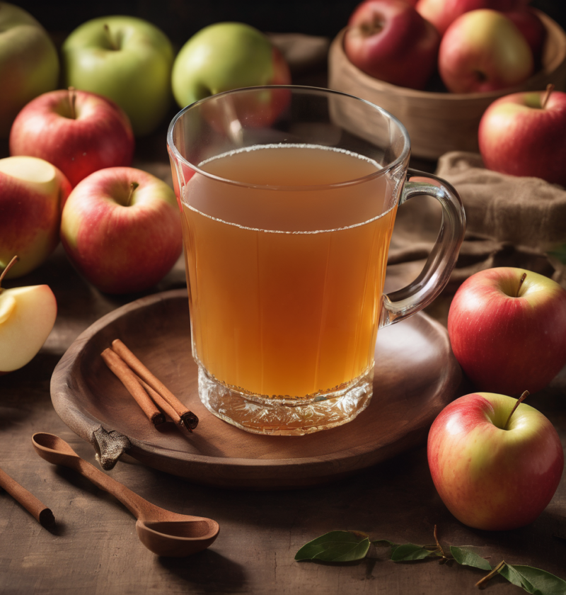 a glass of apple cider next to apples